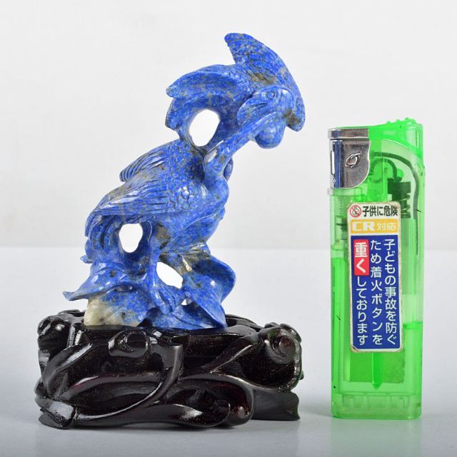 中国 玉石青晶石彫刻 双鶴刻 置物 唐木台付 V R4354の通販 by