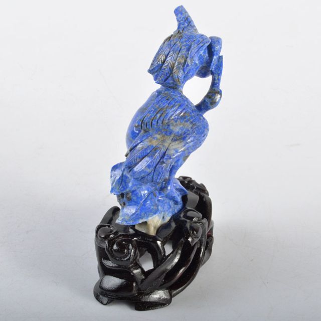 中国　玉石青晶石彫刻　双鶴刻　置物　唐木台付　V　R4354