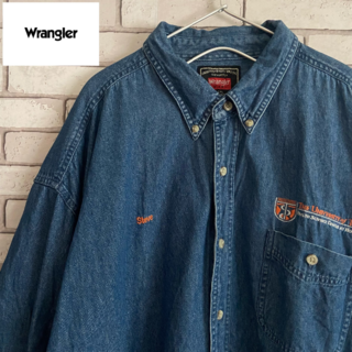 ラングラー(Wrangler)の超レア Wrangler ラングラー 半袖シャツ デニム 大学ロゴ ブルー2XL(シャツ)