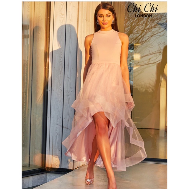 CHI CHI LONDON♡ピンク ディップヘムチュールスカートドレスミディアムドレス