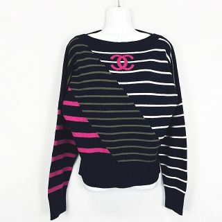 シャネル(CHANEL)のCHANEL コマーク ボーダー切り替え ニット セーター  紺 ネイビー 38(ニット/セーター)