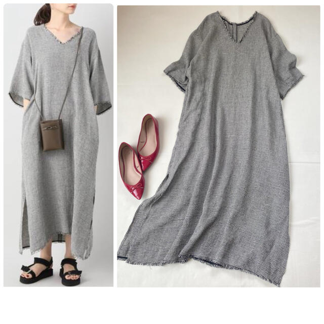 Plage - 美品✨プラージュ ロングワンピース 麻 絹 千鳥柄 Vネック ...