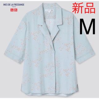 ユニクロ(UNIQLO)の新品　ユニクロ　INES コラボ　レーヨンプリントオープンカラーブラウス　5分袖(シャツ/ブラウス(半袖/袖なし))