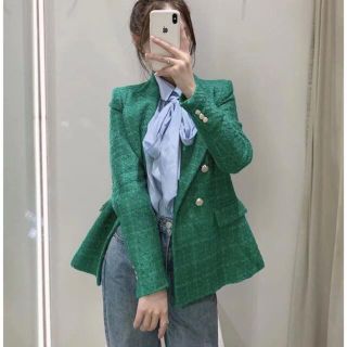 ザラ(ZARA)の【新品】ツイードブレザー　グリーン(テーラードジャケット)