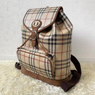 バーバリー(BURBERRY)のバーバリーズ　リュック　ノバチェック　巾着　PVC　レザー　茶色　ロゴプレート(リュック/バックパック)