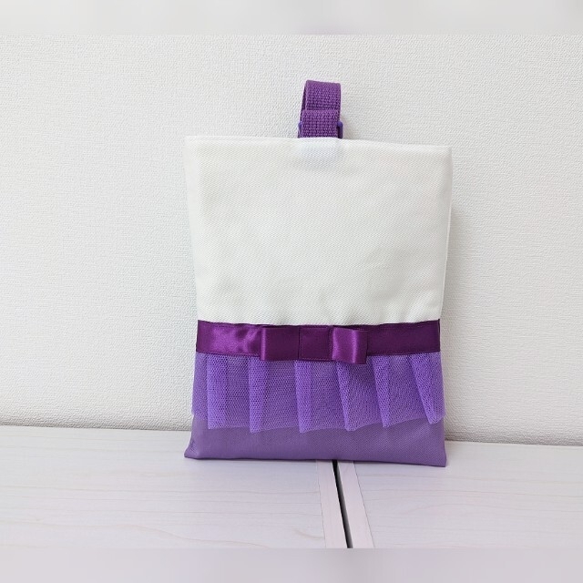 リボン・チュール付　入園バッグ3点セット　白✕パープル　紫 ハンドメイドのキッズ/ベビー(バッグ/レッスンバッグ)の商品写真
