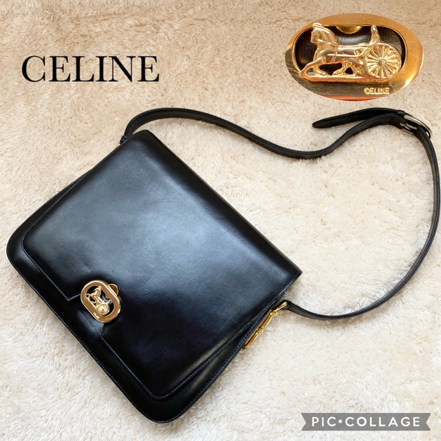 【入手困難】CELINE レザー ショルダーバッグ ブラック 馬車金具