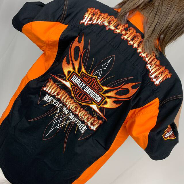 【大注目】 Harley Davidson - 【ハーレーダビッドソン】フル刺繍ロゴ開襟半袖シャツ シャツ