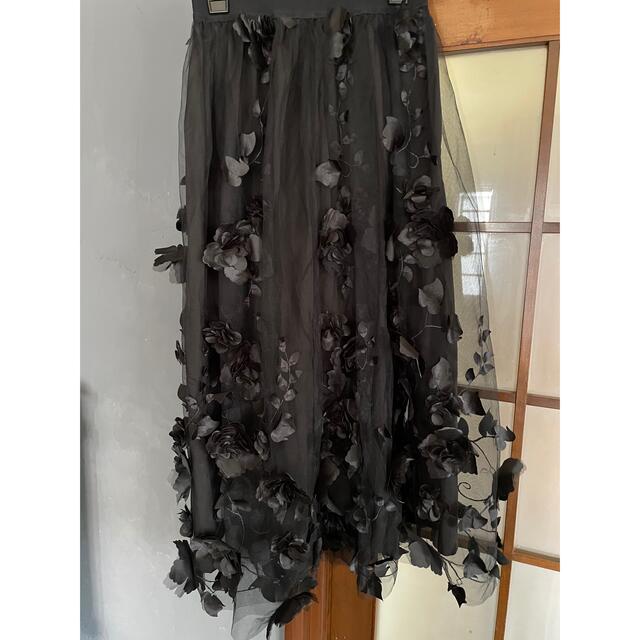レディース花花な可愛いロングスカート黒