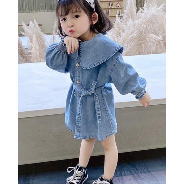 【新品】デニムワンピース 韓国子供服 100 キッズ/ベビー/マタニティのキッズ服女の子用(90cm~)(ワンピース)の商品写真