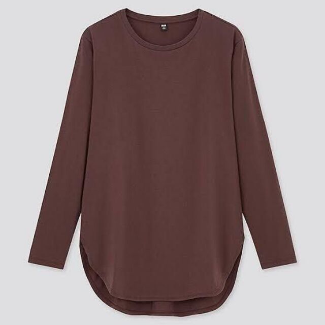UNIQLO(ユニクロ)の新品💙UNIQLO/コットンロングシャツテールT (長袖）Dark Brown レディースのトップス(Tシャツ(長袖/七分))の商品写真