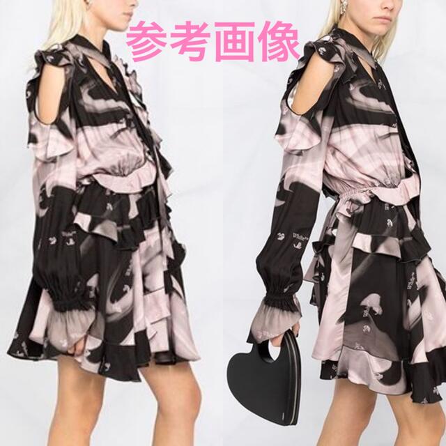 オフホワイト アブストラクトプリント ラッフルミニドレス チュニック-