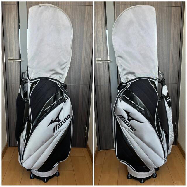 良品 ミズノ MIZUNO キャディバッグ ゴルフバック 軽量 シルバー