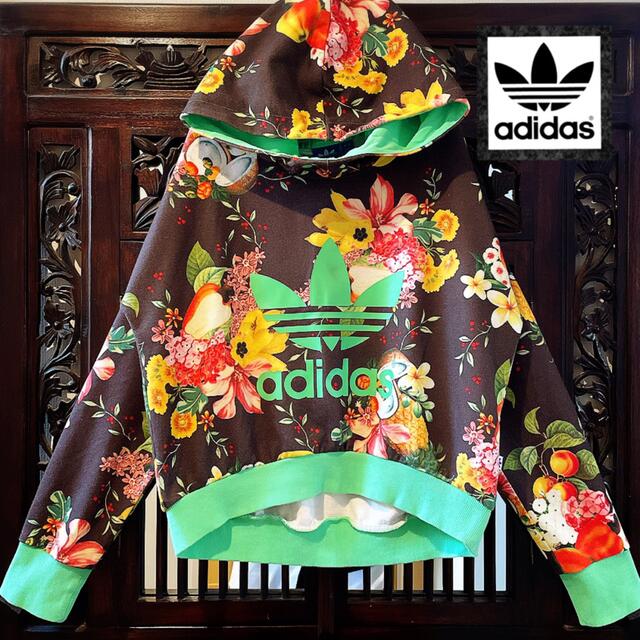 adidas フーディ　パーカー　フード　柄　トレーナー　派手柄　ボタニカル