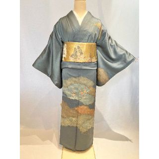 訪問着 襦袢 2点セット 花の図 濃紺色 付下げ 着物 A791-2 M