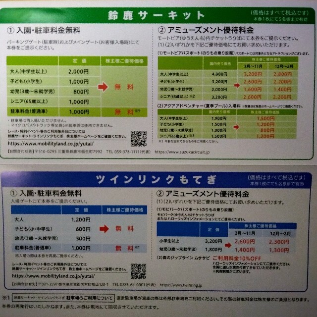 ホンダ(ホンダ)の迅速対応！本田技研工業　株主優待券　ツインリンクもてぎ・鈴鹿サーキット　入園券 チケットの施設利用券(遊園地/テーマパーク)の商品写真