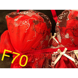 F70  ブラジャー　ショーツ　セット　レッド　レース　ハート　刺繍　新品(ブラ&ショーツセット)