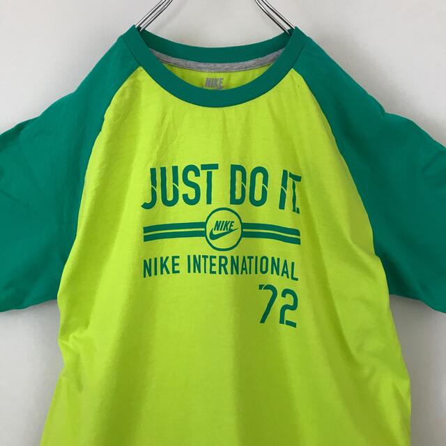 NIKE(ナイキ)のNIKE★2XLビッグサイズ★ラグランスリーブ★ロゴTシャツ★イエローxグリーン メンズのトップス(Tシャツ/カットソー(半袖/袖なし))の商品写真