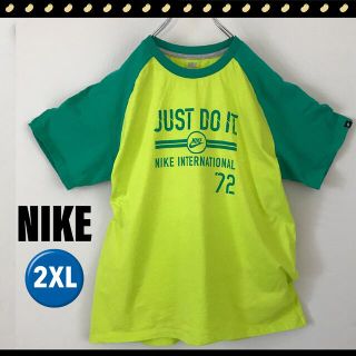 ナイキ(NIKE)のNIKE★2XLビッグサイズ★ラグランスリーブ★ロゴTシャツ★イエローxグリーン(Tシャツ/カットソー(半袖/袖なし))