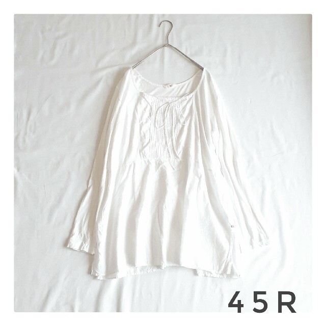 45R コットンブラウス カットソー 薄手 ホワイト L シャツ+ブラウス(長袖+七分)