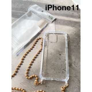 【新品未使用】パールのiPhone11 ケース　ストラップ　ゴールド(iPhoneケース)