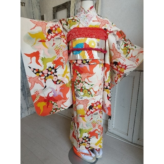 アンティーク鶴の着物にだらり帯 キッズ/ベビー/マタニティのキッズ服女の子用(90cm~)(和服/着物)の商品写真