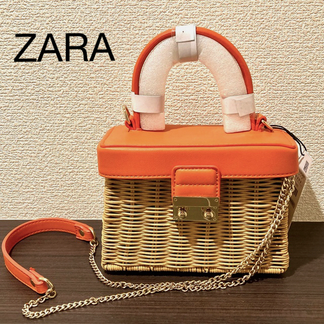 【未使用品】ZARA オレンジ トップハンドル ラタンバッグ