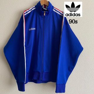 adidas 90s ジャージ トラックジャケット 青 ブルー ロゴ刺繍 白 赤