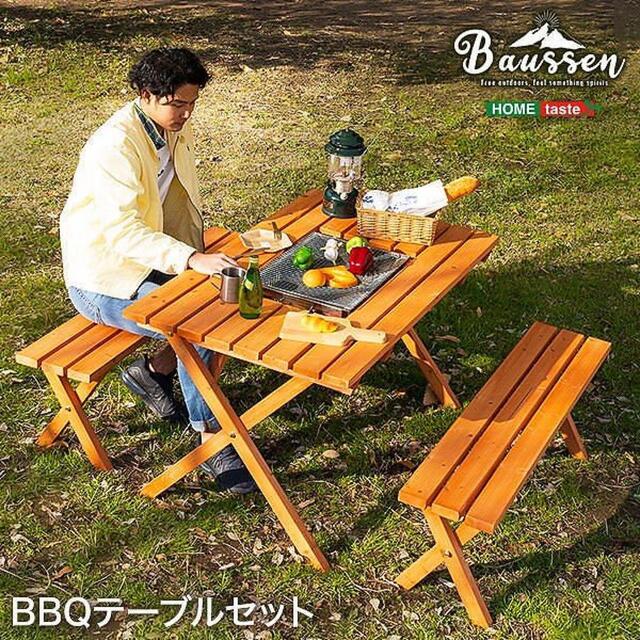 杉材 BBQテーブル＆ベンチセット パラソル穴 コンロスペース付 ベランダ