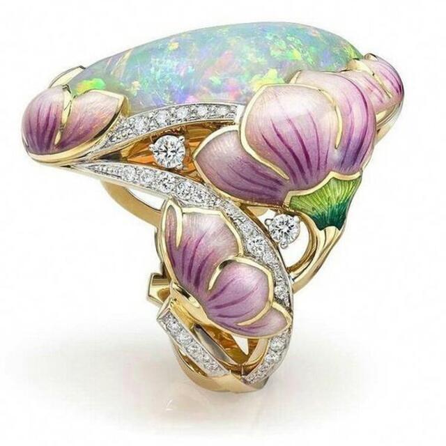 リングオパール　花柄　指輪　ファッションリング