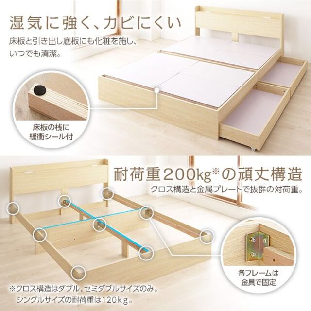 ベッド 収納付き 引き出し付きナチュラル シングル ポケットコイルマットレス付き シングルベッド
