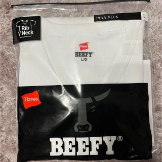 ヘインズ(Hanes)のBEEFY リブ　Tシャツ　Vネック　白　L(Tシャツ/カットソー(半袖/袖なし))