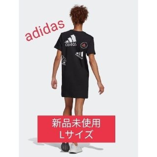 アディダス(adidas)のadidas ロゴ Tシャツワンピース Lサイズ ブラック(Tシャツ(半袖/袖なし))