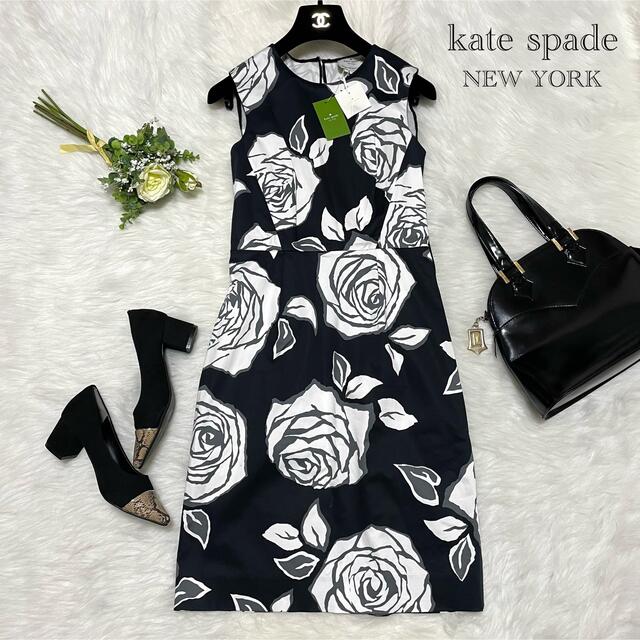 kate spade new york(ケイトスペードニューヨーク)の☆新品未使用タグ付き☆ ケイトスペード 花柄ワンピース ブラック ノースリーブ レディースのワンピース(ひざ丈ワンピース)の商品写真