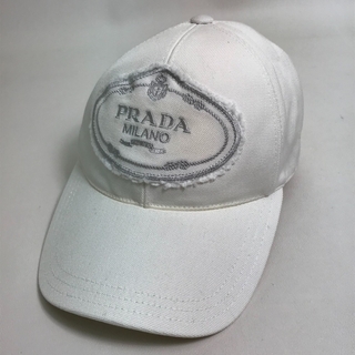 プラダ(PRADA)のプラダ 1HC274 ロゴ 刺繍 帽子 キャップ コットン ホワイト M(キャップ)
