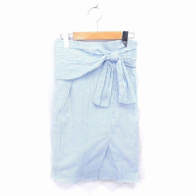 Andemiu(アンデミュウ)のアンデミュウ タイト スカート ひざ丈 ストライプ リボン S 青 白 レディースのスカート(ひざ丈スカート)の商品写真