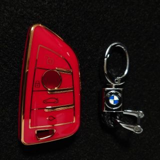 レッド ＆ ゴールド BMW キーケース ＆ キーホルダー セット(車内アクセサリ)