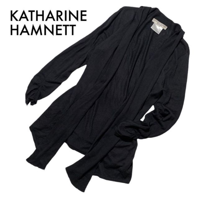 KATHARINE HAMNETT(キャサリンハムネット)のキャサリンハムネット リブニットロングカーディガン 黒 M 古着 レーヨン綿薄手 レディースのトップス(カーディガン)の商品写真