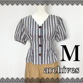 アルシーヴ(archives)のストライプタック入りペプラムブラウス　シャツ　トップス　カットソー　ネイビー　M(シャツ/ブラウス(半袖/袖なし))