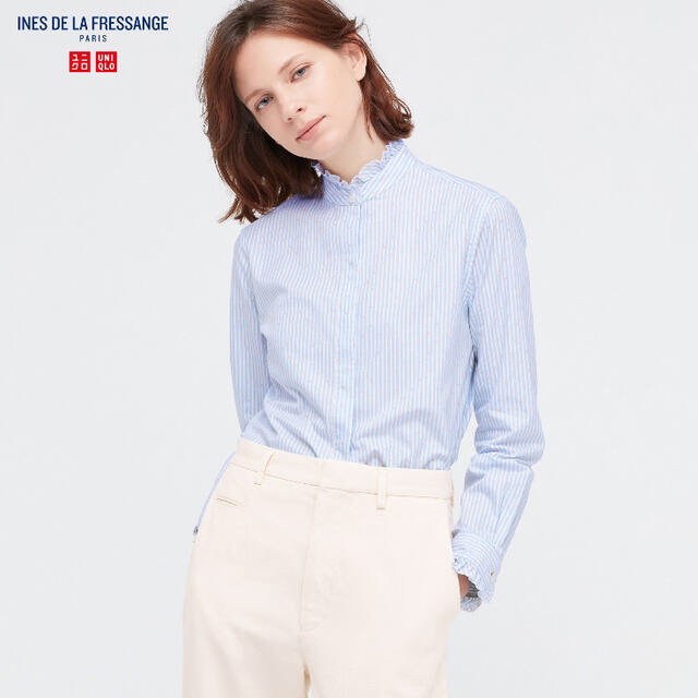 UNIQLO(ユニクロ)の新品 大人気 完売品 ■ ユニクロ　イネス　フリルブラウス ■ M  Blue レディースのトップス(シャツ/ブラウス(長袖/七分))の商品写真