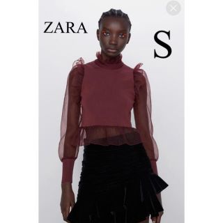 ザラ(ZARA)のZARA オーガンジーフリルスリーブ　トップス　S (カットソー(半袖/袖なし))