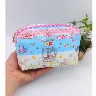 ハンドメイド⭐︎マルチポーチ☆鳥かご&フラワー　内ポケット付き（ピンク）(ポーチ)