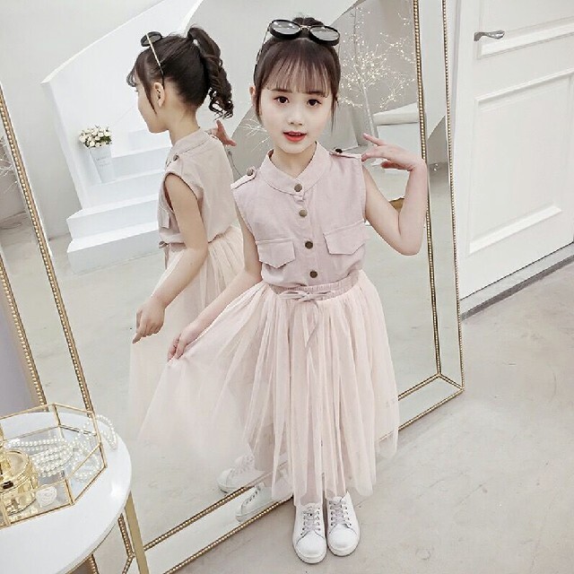 ノースリーブシャツワンピース チュールスカート上下2点セット キッズ/ベビー/マタニティのキッズ服女の子用(90cm~)(ワンピース)の商品写真