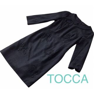 トッカ(TOCCA)のTOCCA 長袖ワンピース　リボン　サイズ2 グレイ　羊毛　カシミア(ひざ丈ワンピース)