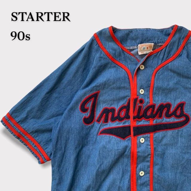【 大感謝セール】 スターター　ベースボールシャツ　MLB インディアンズ　半袖　デニムシャツ Tシャツ+カットソー(半袖+袖なし)