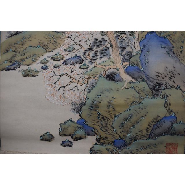 高速配送 作者不詳 桜花山水画賛 掛軸 宝船 Z-380 mihintalava