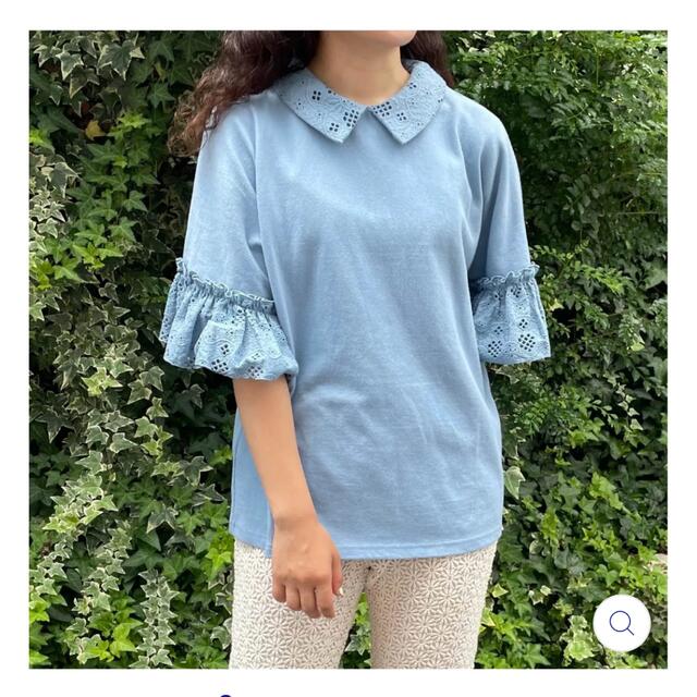 【poppy】コットンレースドッキングTシャツ　ダスティーブルー