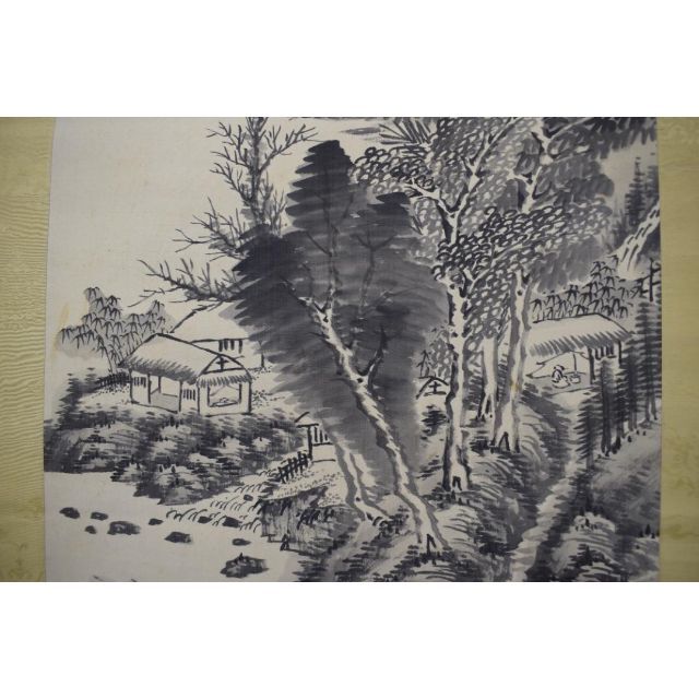 春藤健/水墨柳陰山水画賛/掛軸☆宝船☆Z-410-