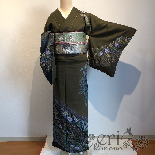 【逸品！！トールサイズ辻が花風】しつけ糸付き！茶緑色に金彩など♡