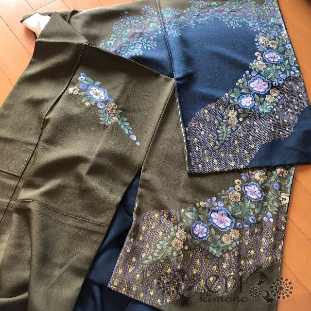 逸品!!トールサイズ辻が花風】しつけ糸付き!茶緑色に金彩など♡ 逸品!!トールサイズ辻が花風】しつけ糸付き!茶緑色に金彩など♡